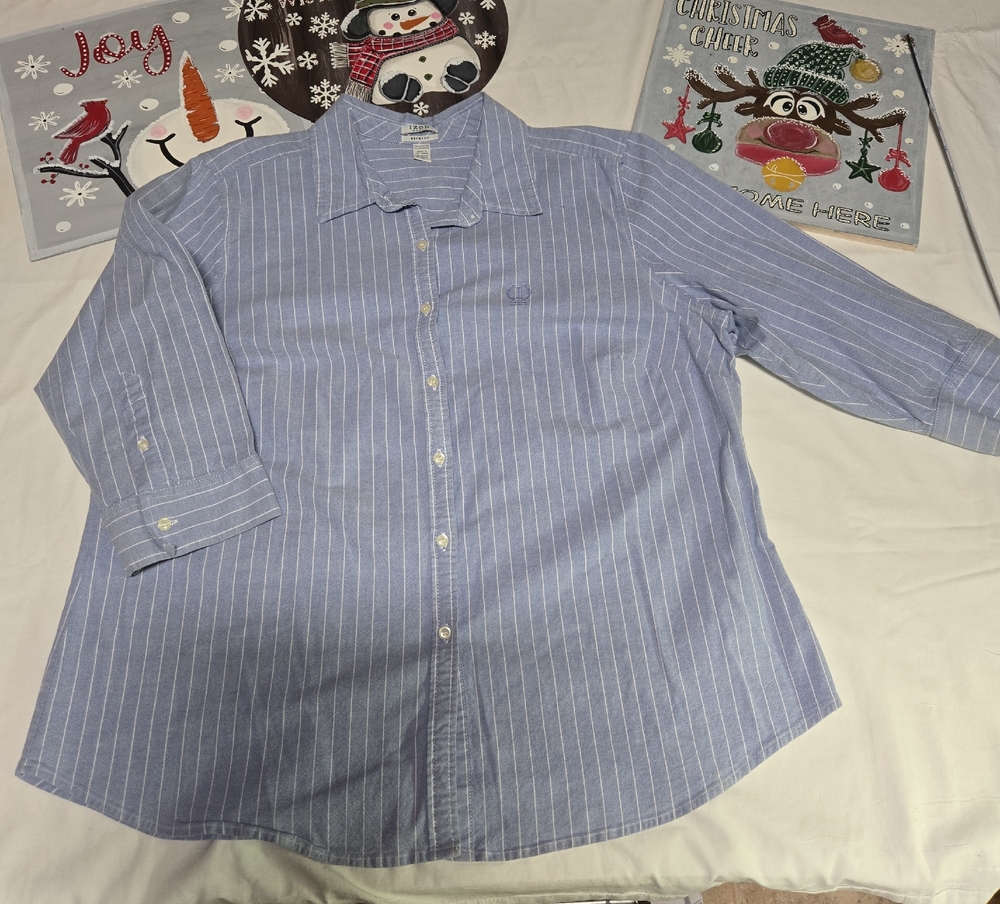 Izod Women's Light Blue Pinstripe Button Down Shirt
